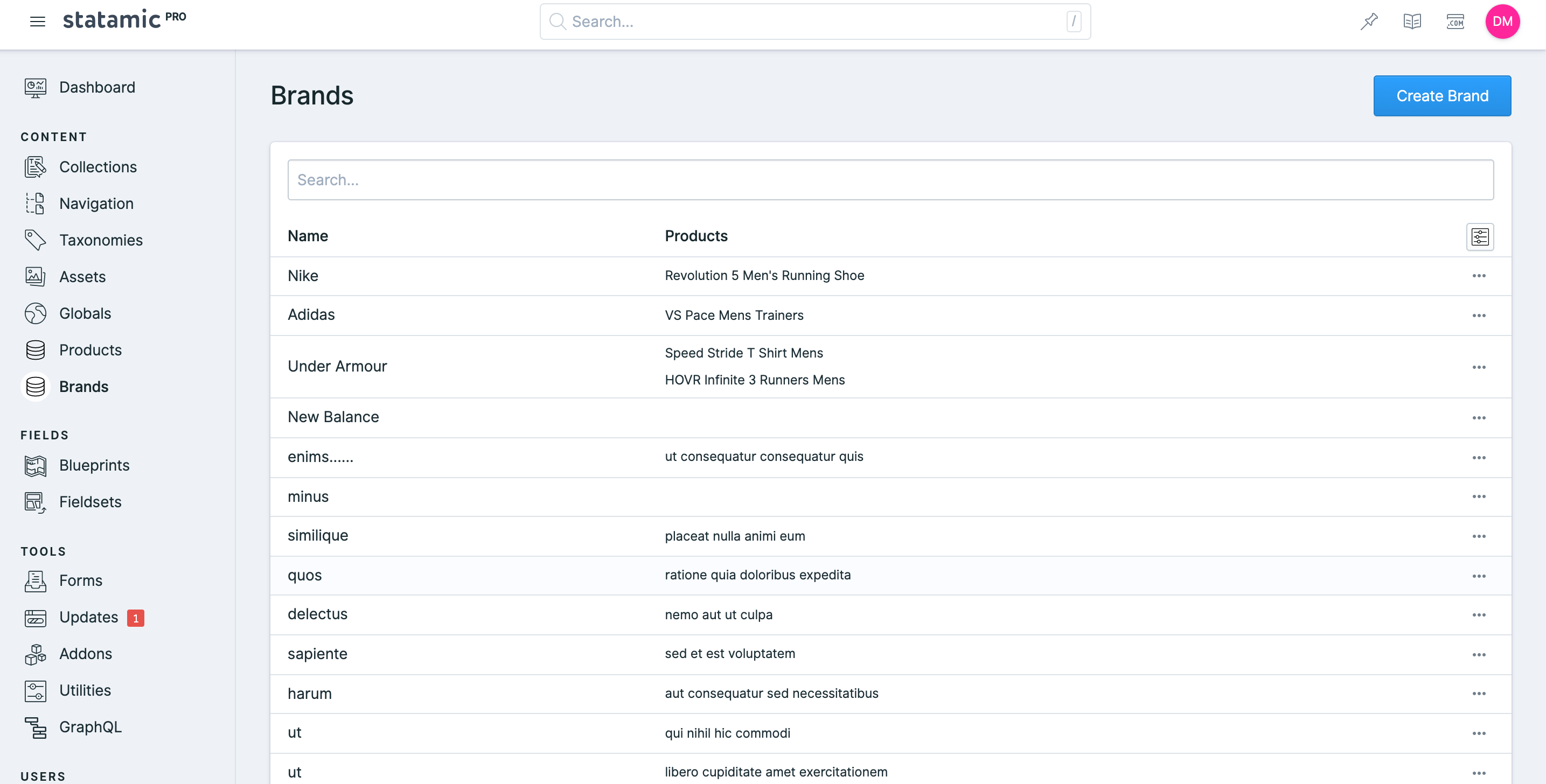 Screenshot of the Runway listing table in the Statamic Control Panel